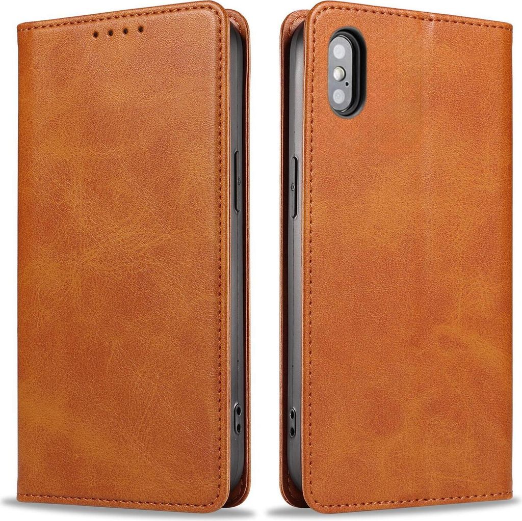 Handyhülle für Apple iPhone X / Xs Kunstleder Flip Cover Hülle Handytasche Case Kartenfach Farbe: Hellbraun