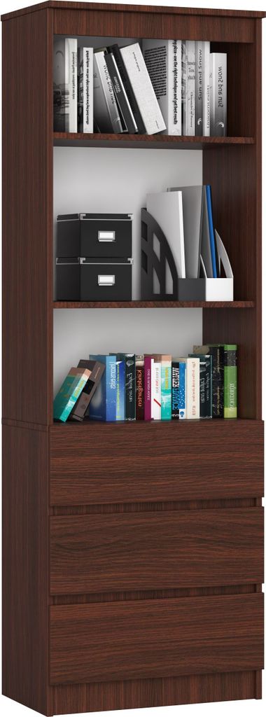 A dark brown wooden bookshelf with three drawers at the bottom, filled with books and office supplies on the shelves.
