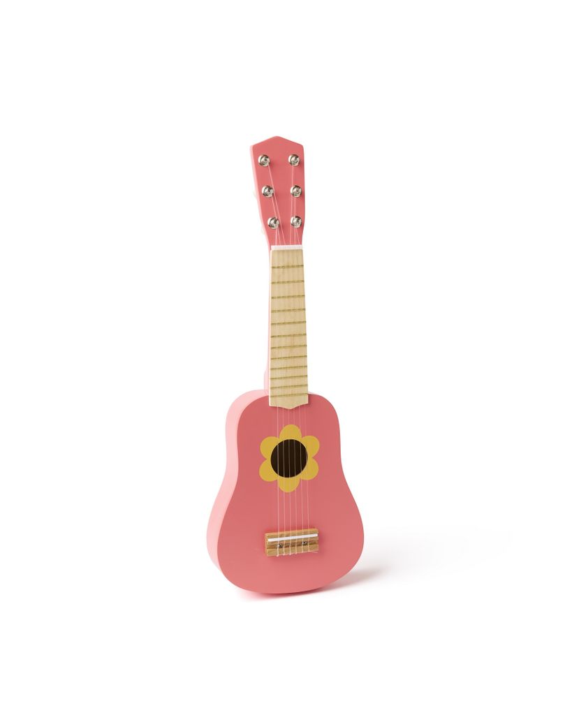A pink toy guitar with a yellow flower design is shown against a white background.