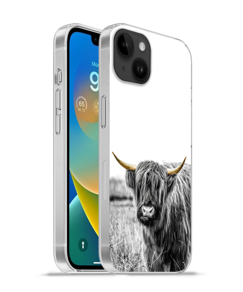 MuchoWow Handyhülle Schutzhülle Hülle für Apple iPhone 14 Plus - Soft case Schottischer Highlander - Gold - Schwarz - Weiß Silikon Softcase ...