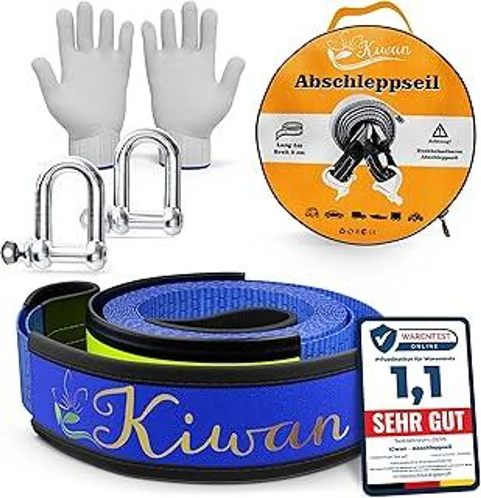 Set di accessori fuoristrada Kiwan con fune di traino da 10 tonnellate, 5 m x 5 cm – Qualità certificata – Cinghia di recupero resistente allo strappo per camper, auto, camion, autovetture – Fune di traino di emergenza per veicoli fuoristrada.