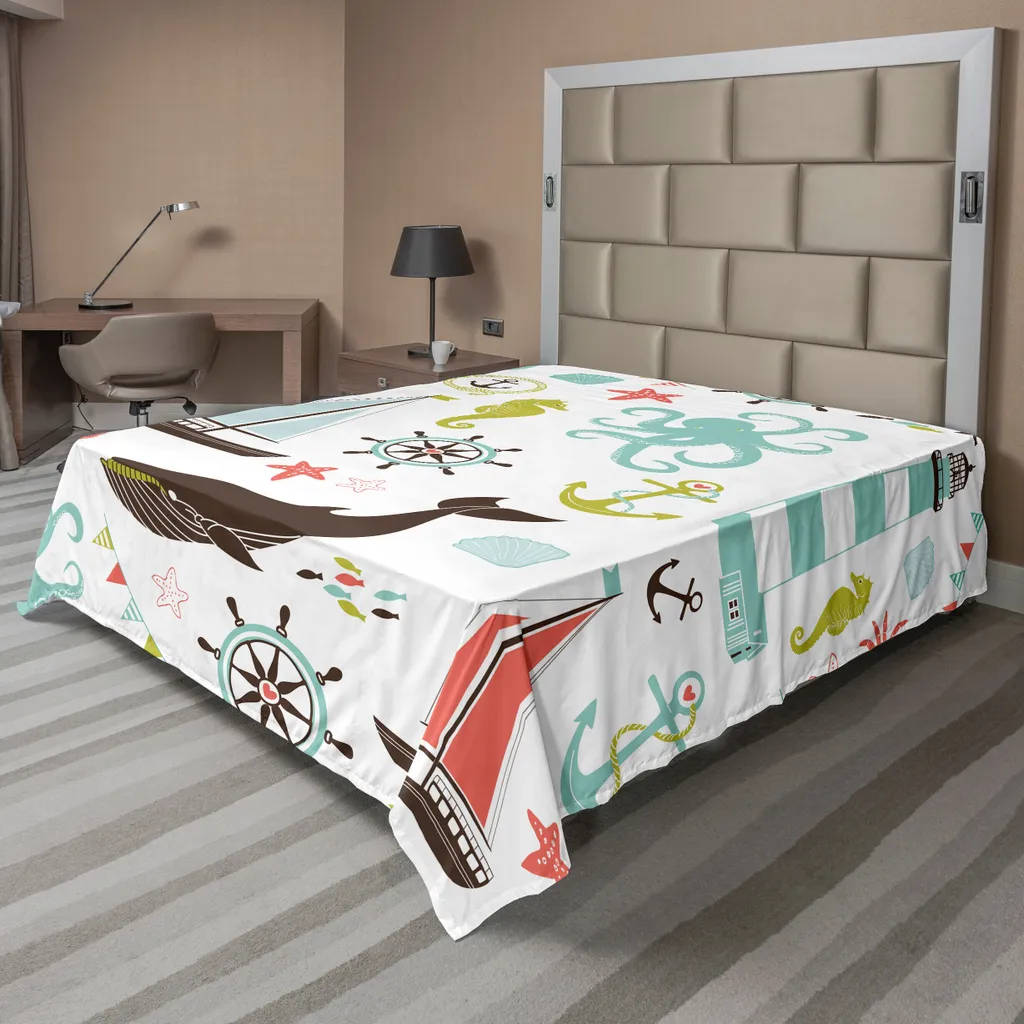 Drap de Lit Douceur Nautique Motif Ancre et Voilier 260x228cm Souple