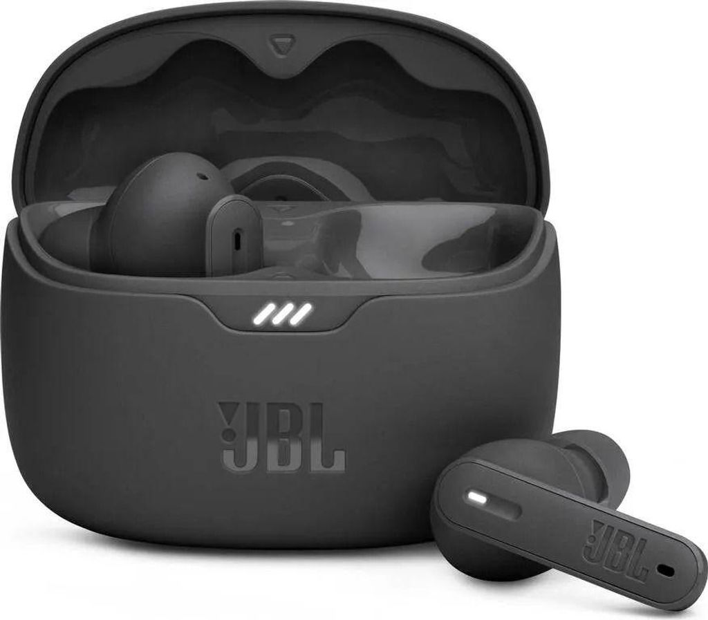 A pair of black JBL wireless earbuds and their charging case are displayed against a white background.