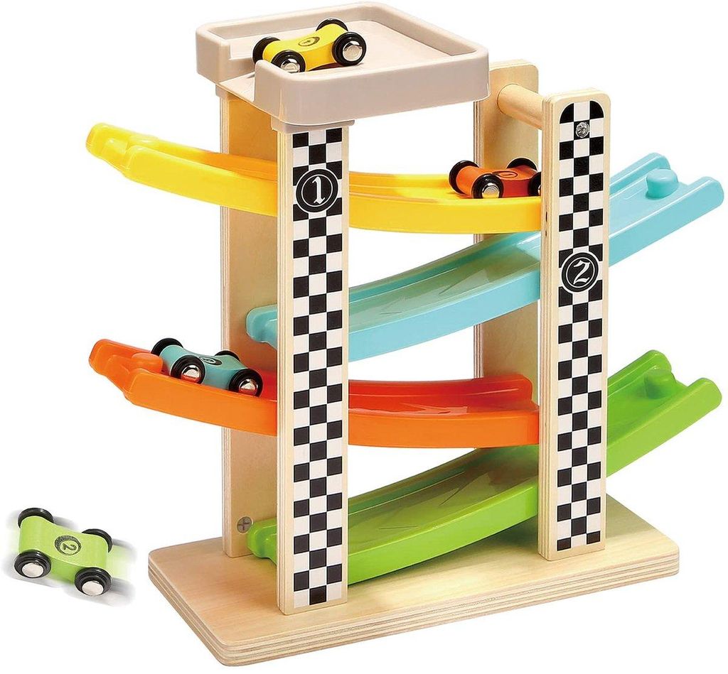 Holz Rennbahn Kinder ab 1 Jahr, Autorennbahn mit 4 Autos, Montessori Spielzeug