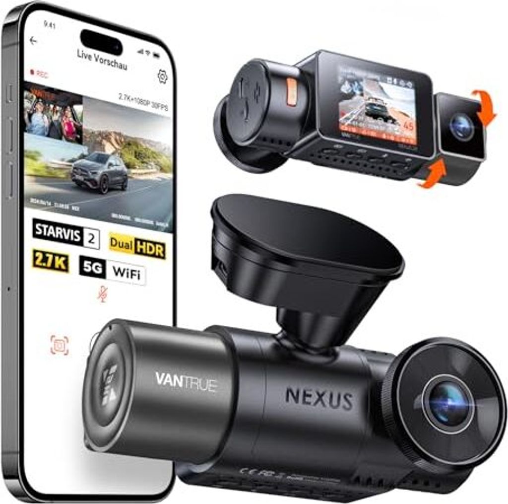 VANTREE N2X 2,7K+1080P DASHCAM -Auto vorne, Sternenzusammen Indoor, Starvis 2 Dual HDR Nachtsicht Dash Cam, 2,5K/60 fps vorne, GPS, 5GHz WiFi, App & V