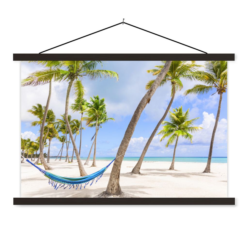 MuchoWow Textilposter Hängematte - Strand - Palmen 120x80 cm mit schwarzem Rahmen - Wanddeko