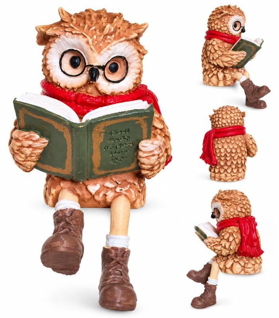 Eulenfigur mit Buch und Brille, lesende Eule als Dekofigur, Produktbild 