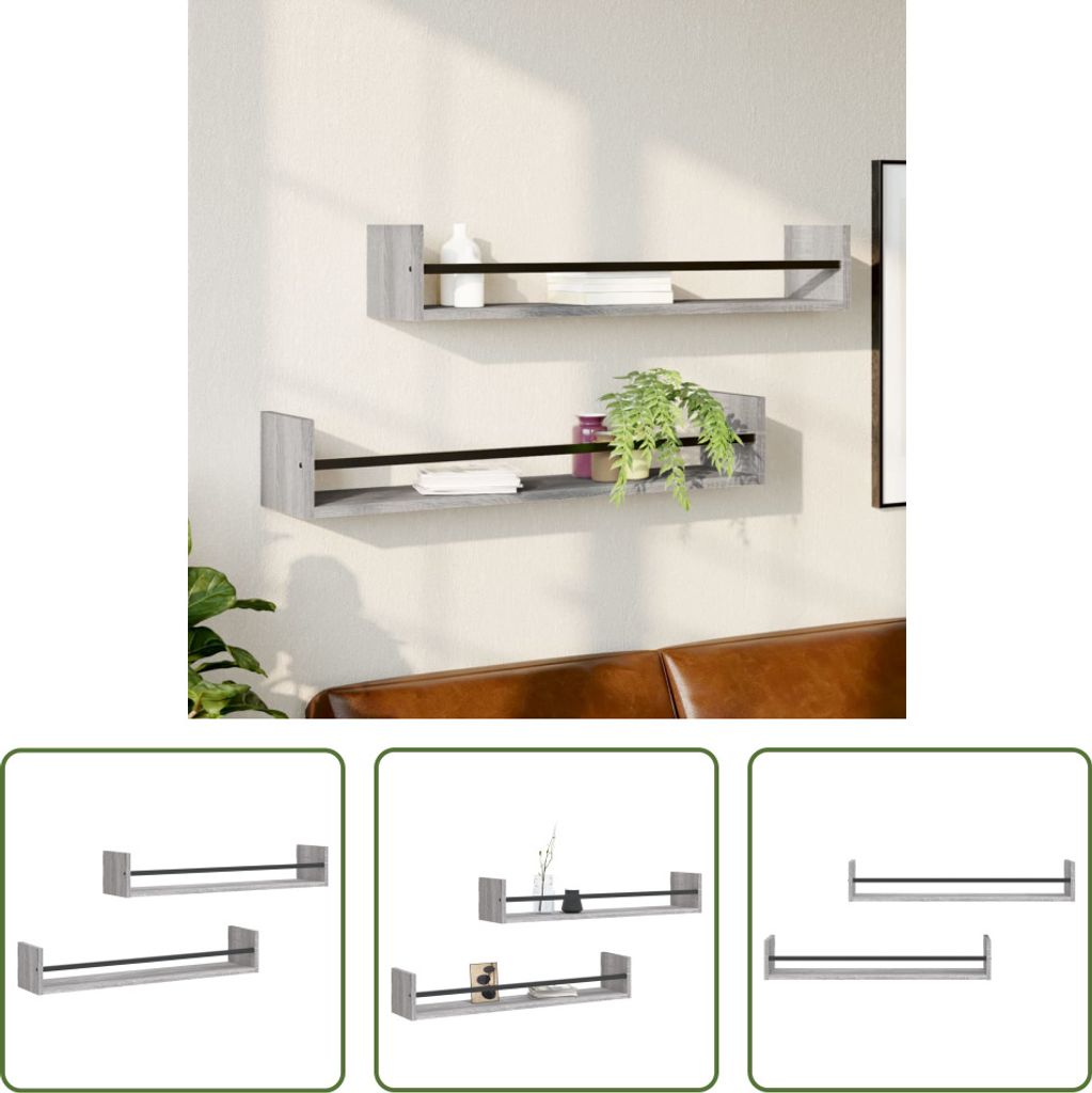 The Living Store Wandregale mit Stangen 2 Stk. Grau Sonoma Produktbild 