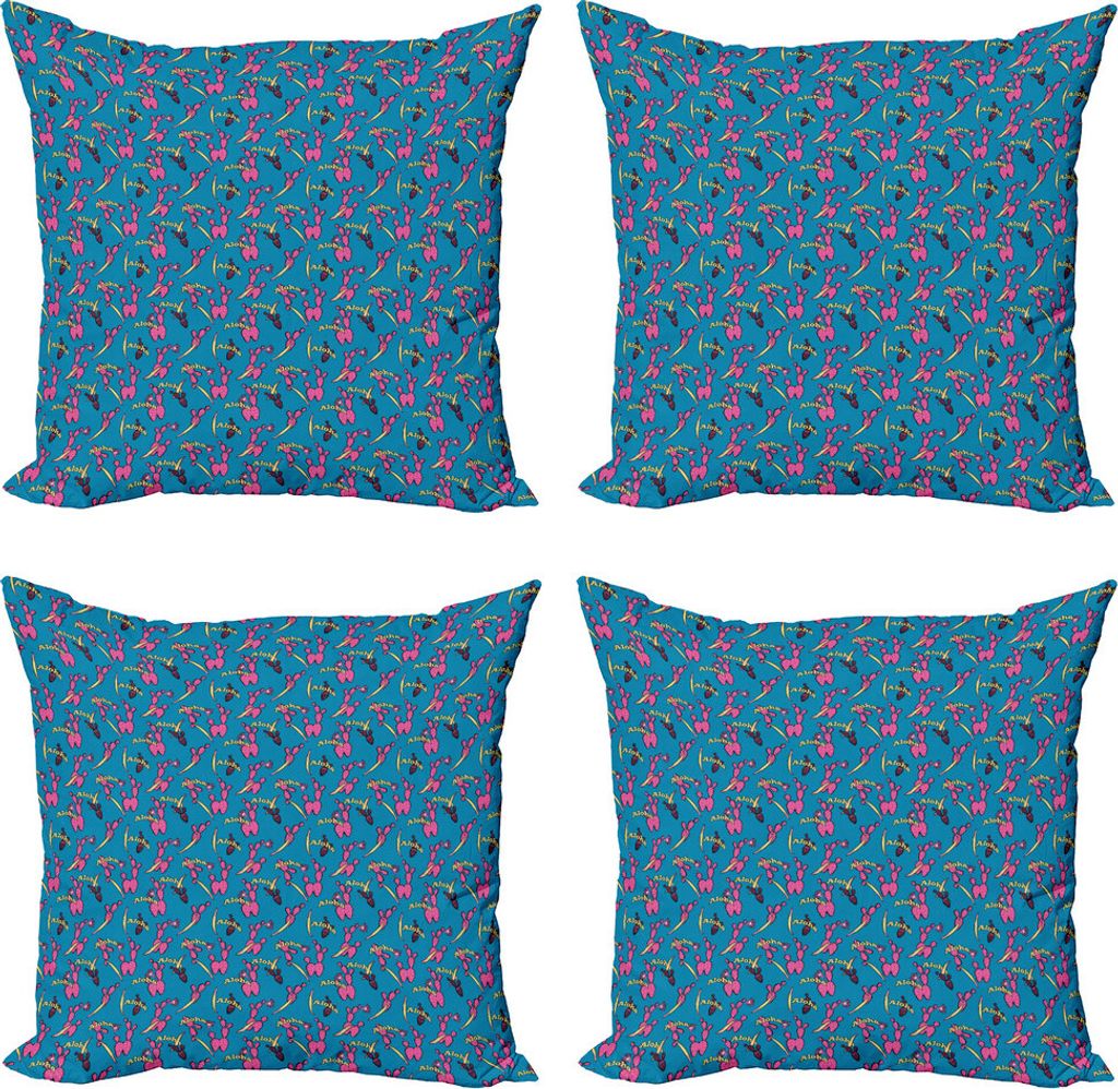 ABAKUHAUS Aloha Kissenbezug Set (4 Stück), Bunte Spiky Kaktus Muster, Moderner Doppelseitiger Digitaldruck, 60 cm x 60 cm, Sea Blue Rosa und Gelb