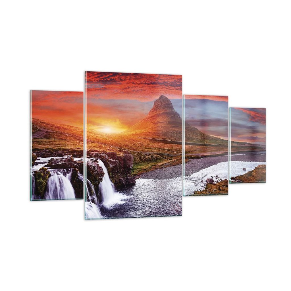 Bilder auf glas - 4 Teile - Kirkjufell Wasserfall Berg - 160x90cm - Glasbilder - Wandbilder - Bilder - zum Aufhängen bereit - Wanddekoration aus G...