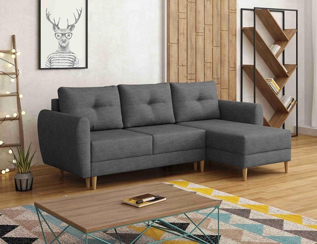 Easy4You Dunkelgrau Ecksofa Manstad in L-Form 235x90x145 cm mit Schlaffunktion und Bettzeugbehälter - Schlafsofa mit Bettkasten und Holzfüße - E...
