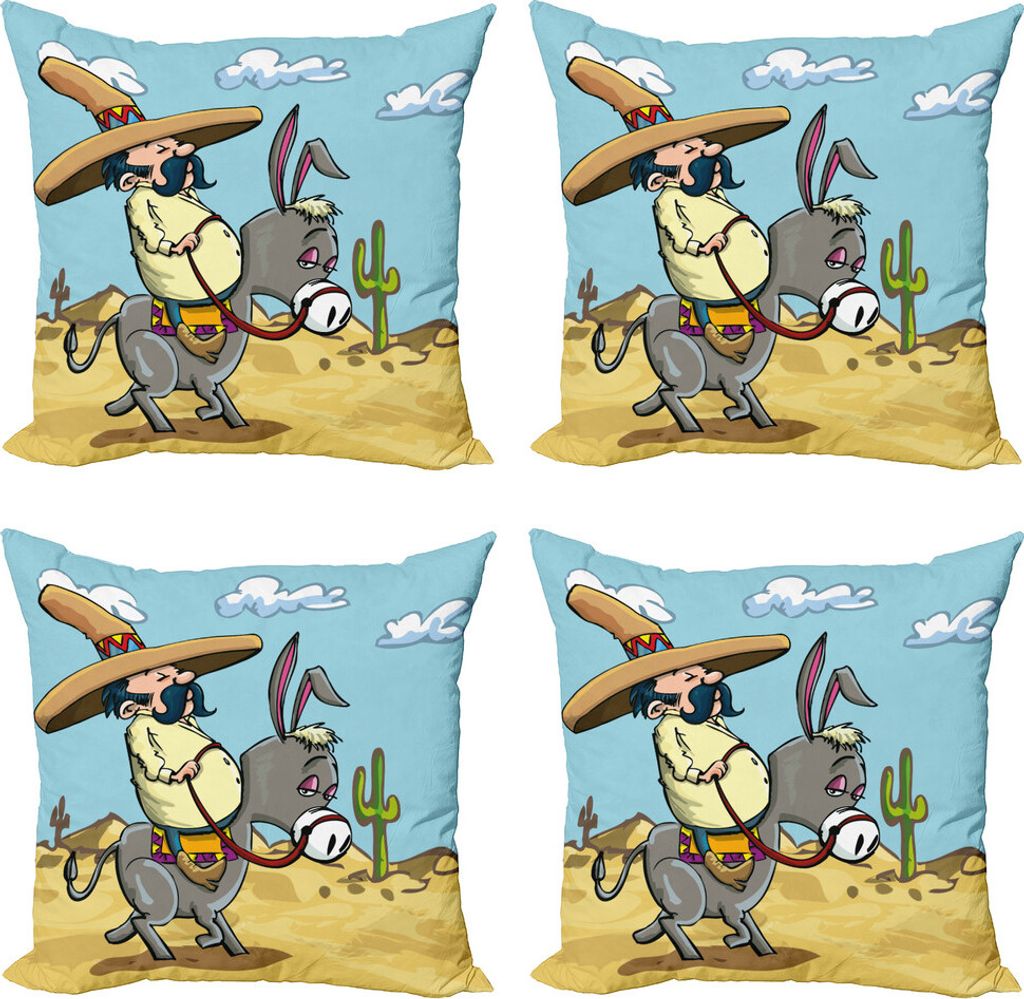 ABAKUHAUS Karikatur Kissenbezug Set (4 Stück), Mexikanischer Mann auf einem Esel, Moderner Doppelseitiger Digitaldruck, 40 cm x 40 cm, Mehrfarbig