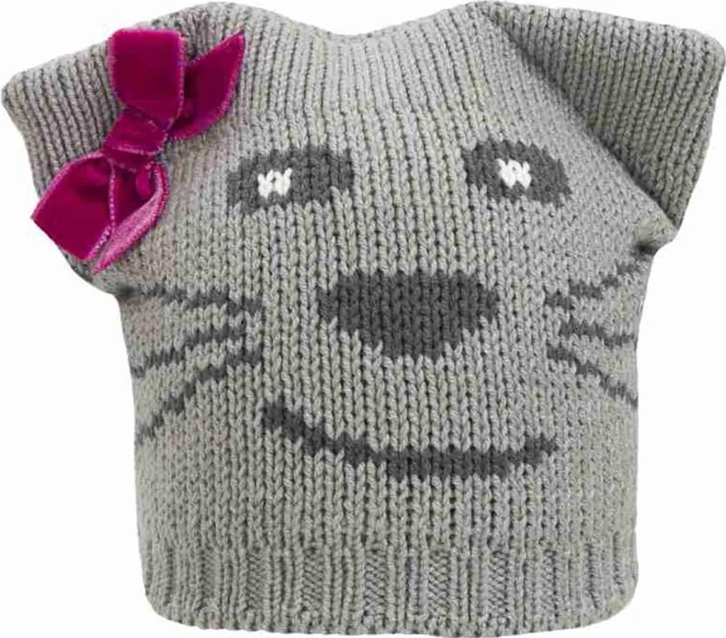 Cappello da bambina Döll grigio con motivo a gatto e fiocco