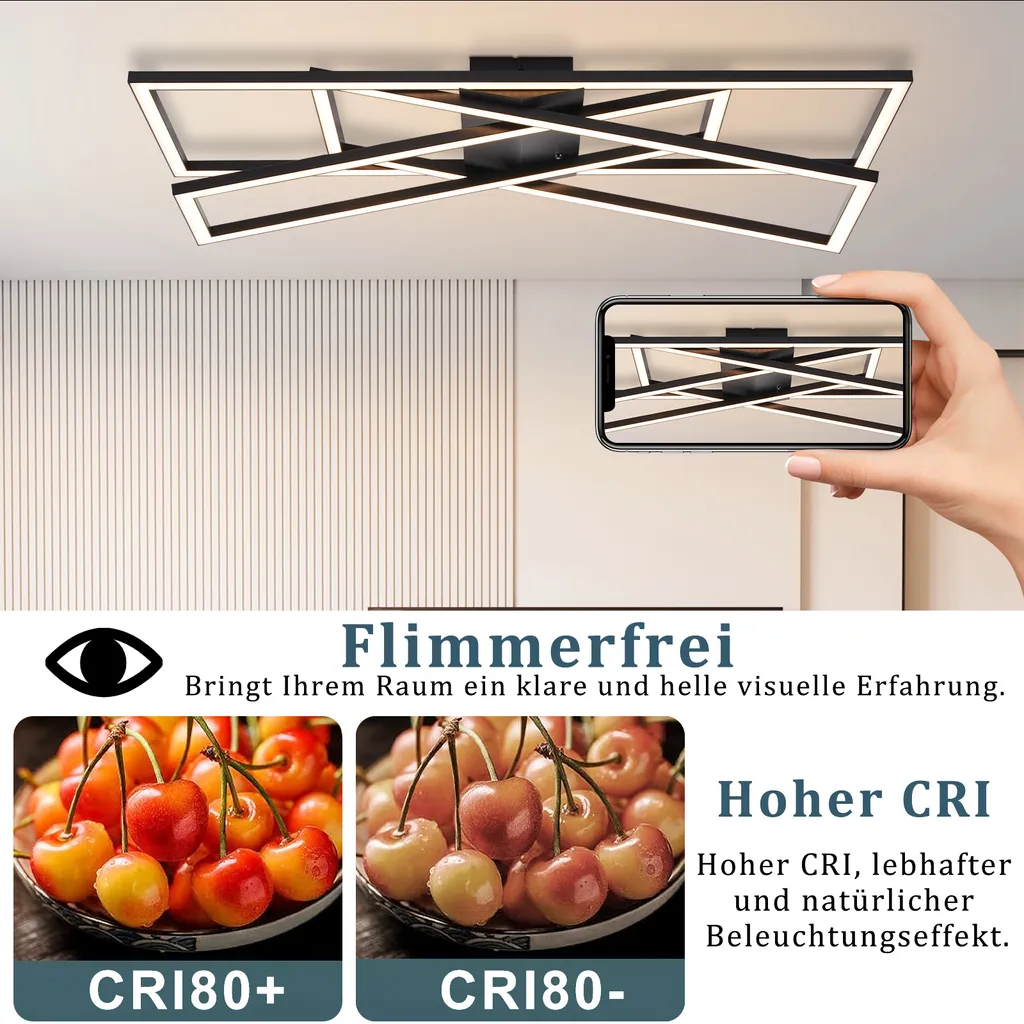 ZMH Plafonnier LED Dimmable 45W Noir avec Télécommande pour Salon Moderne