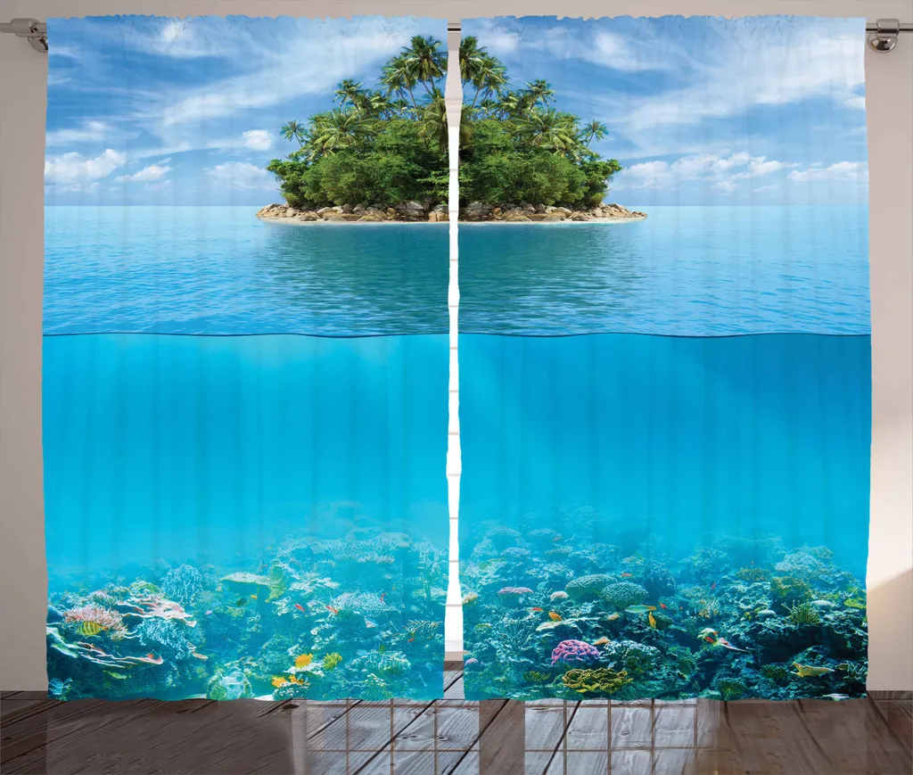 Grand rideau pour masquer vis-à-vis motif tropical Aqua 280 x 225 cm