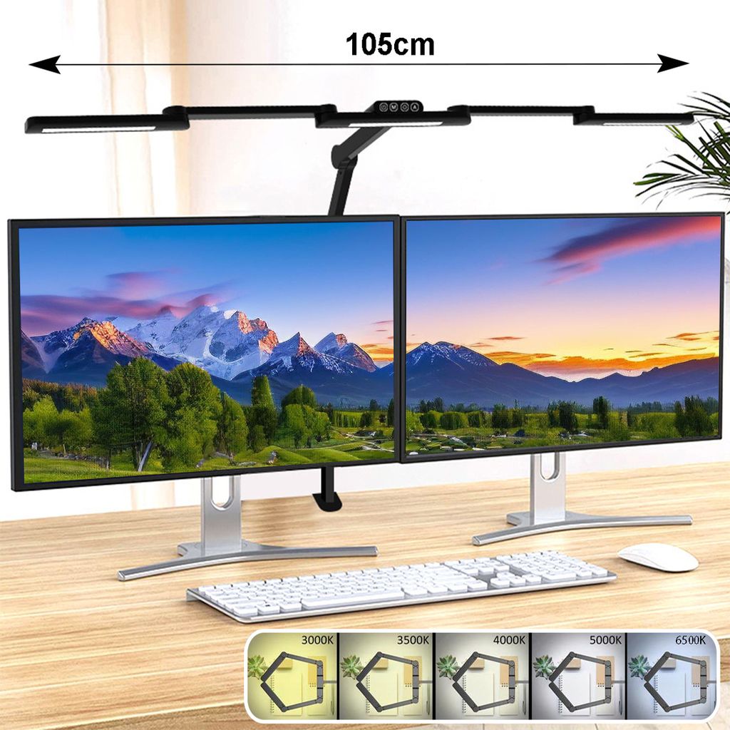 LED Schreibtischlampe Dimmbar 5 Farbtemperaturen,24W Klemmleuchte Verstellbar Lampenarm Speicherfunktion,105cm Leselampe Touch-Tasten Lichtsensor, ...