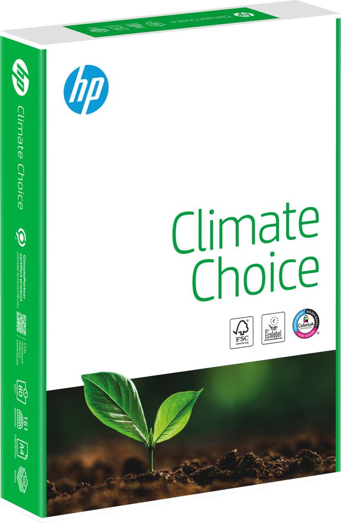 A box of HP Climate Choice paper with a seedling growing in soil.