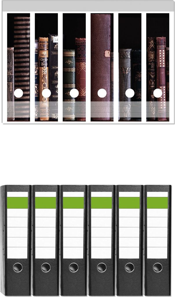 Wallario 6 Stück breite Ordner inkl. Klebeetiketten mit Motive Bücherregal mit alten Büchern - Set mit Rückenschildern / Ordnerrücken Stickern