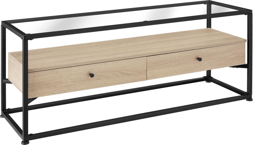 A product shot of a sideboard with a wooden top and drawers, supported by a black metal frame.