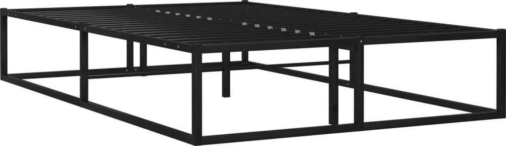 A black metal bed frame is shown against a white background.