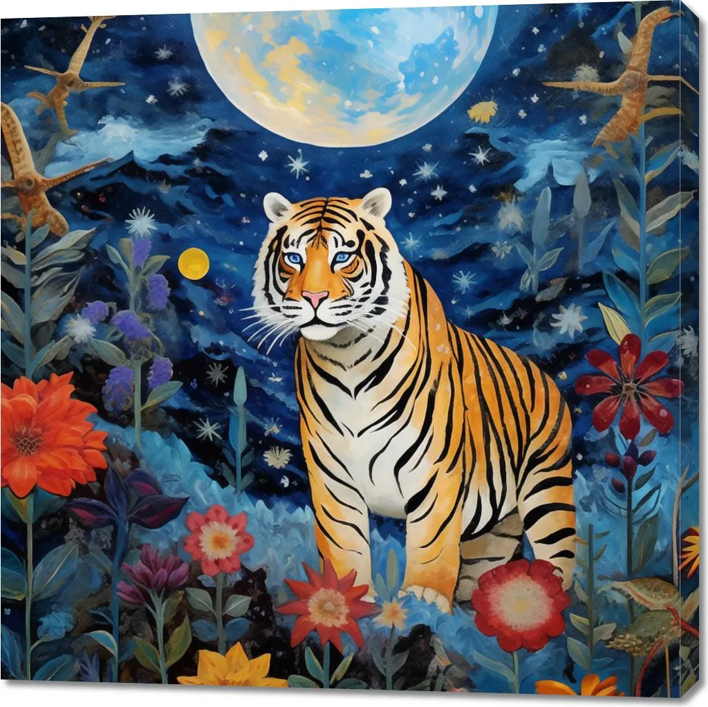 Quadro Moderno Tigre e Stelle 100x100 | Stampa su Tela Artistica