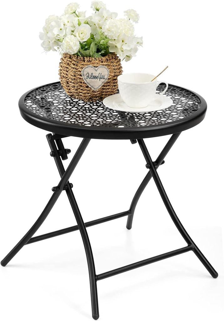 Kleiner Balkontisch, wetterfester Beistelltisch für den Außenbereich, Klapptisch für Terrasse, Garten, Balkon, mit offenem Blumenmuster, schwarz
