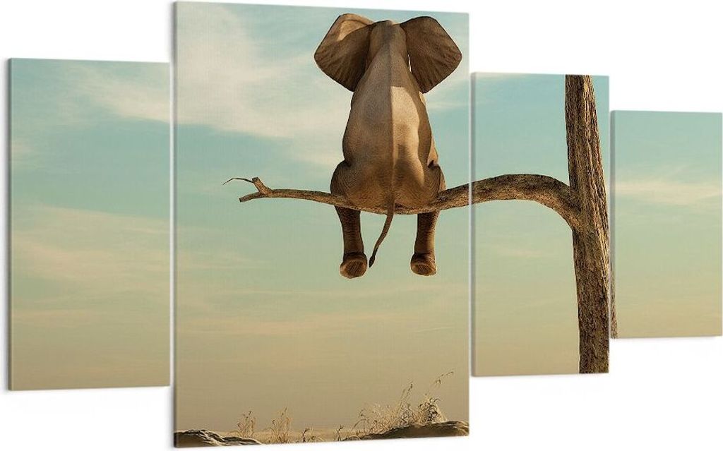 Bild auf Leinwand - Leinwandbild - 4 Teile - Elefant sitzend Ast - 160x90cm - Wand Bild - Wanddeko - Wandbilder - Leinwanddruck - Bilder - Wanddeko...