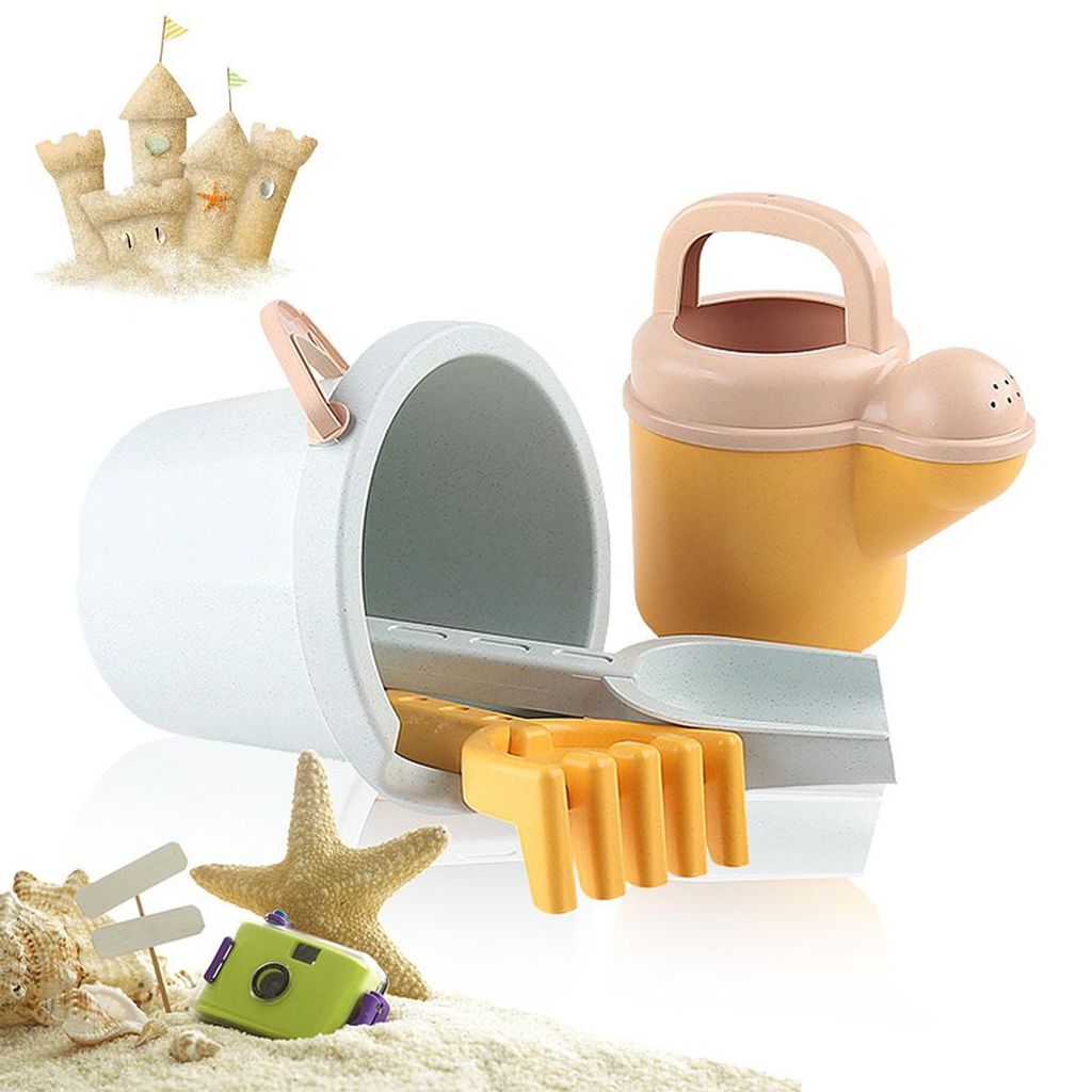 Strandspielzeug-Set für Kinder, Sandkasten-Set aus Weizenstroh mit Sandeimer, Rechen, Gießkanne, Schaufel und Werkzeugset für Kinder im Freien