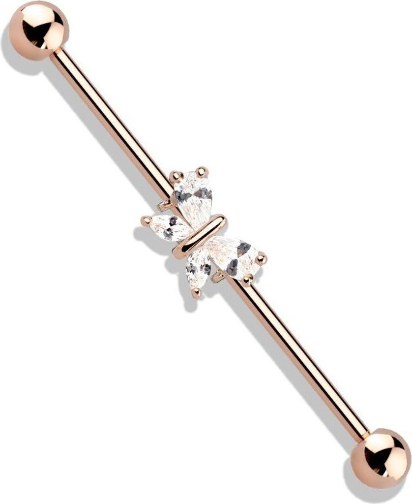 Industrial Stab Piercing Ohr Stecker Schmetterling Butterfly Zirkonia Kristalle Straight Barbell Autiga rosegold