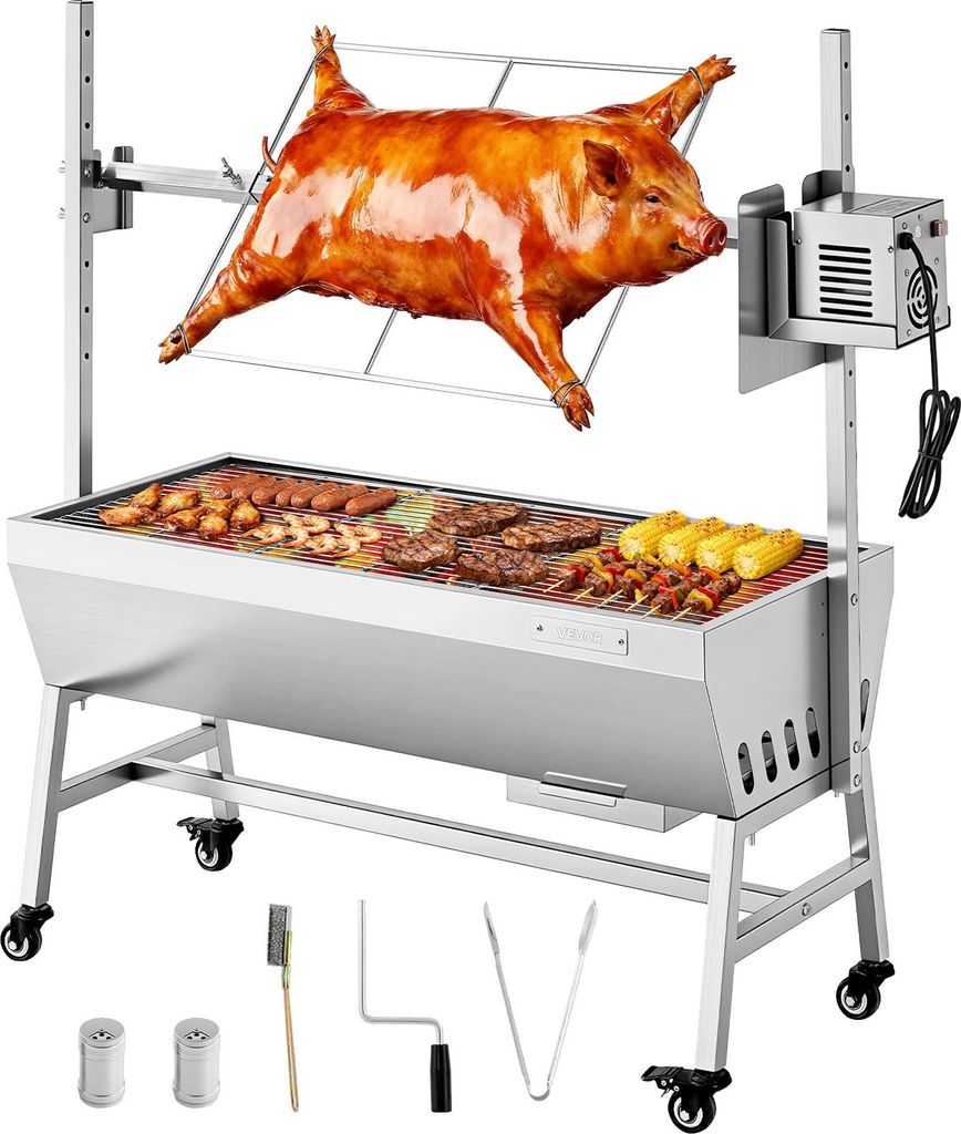 VEVOR Drehspießgrill 38 W Spanferkelgrill Lammgrill Holzkohlegrill (94 cm Grilllänge) mit 60 kg Tragkraft & Rädern & 7-facher Höhenverstellung,...