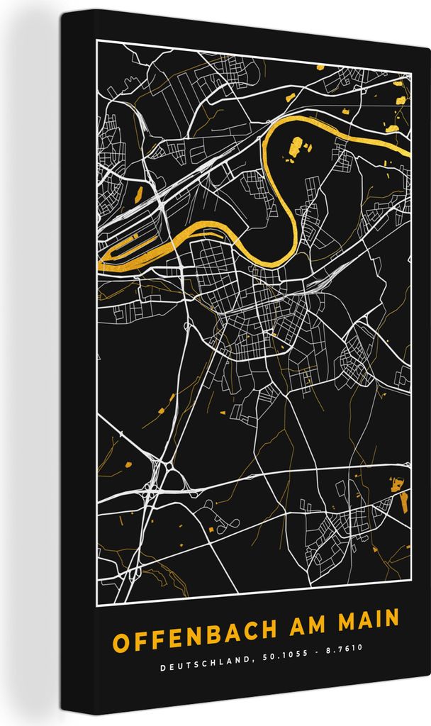OneMillionCanvasses - Leinwandbilder - 90x140 cm, Gold - Deutschland - Karte - Stadtplan - Offenbach am Main, Wandbilder Kunstdruck Wanddekoratio...