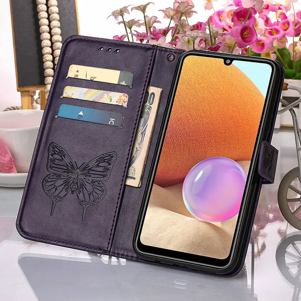 Galaxy A32 4G Case, Butterfly Relief Flip Custodia in pelle con slot per schede e stand per Samsung Galaxy A32 4G Purple - 4