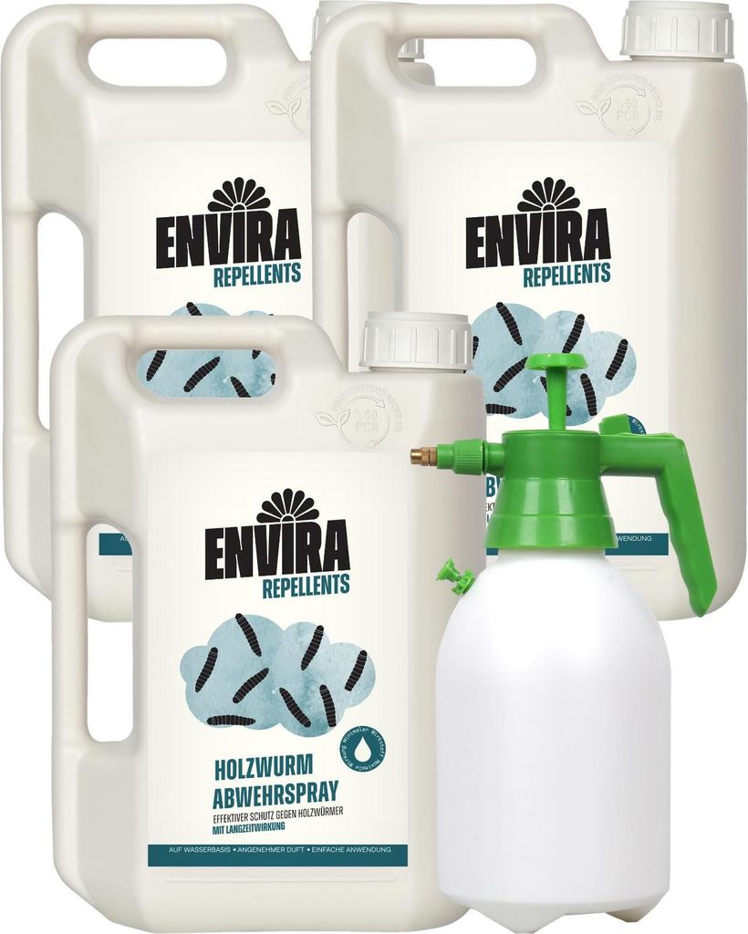 Envira Holzwurm Abwehrspray 3 x 2L + 2L Drucksprüher - Spray mit Langzeitwirkung gegen Holzbock & Holzwurm