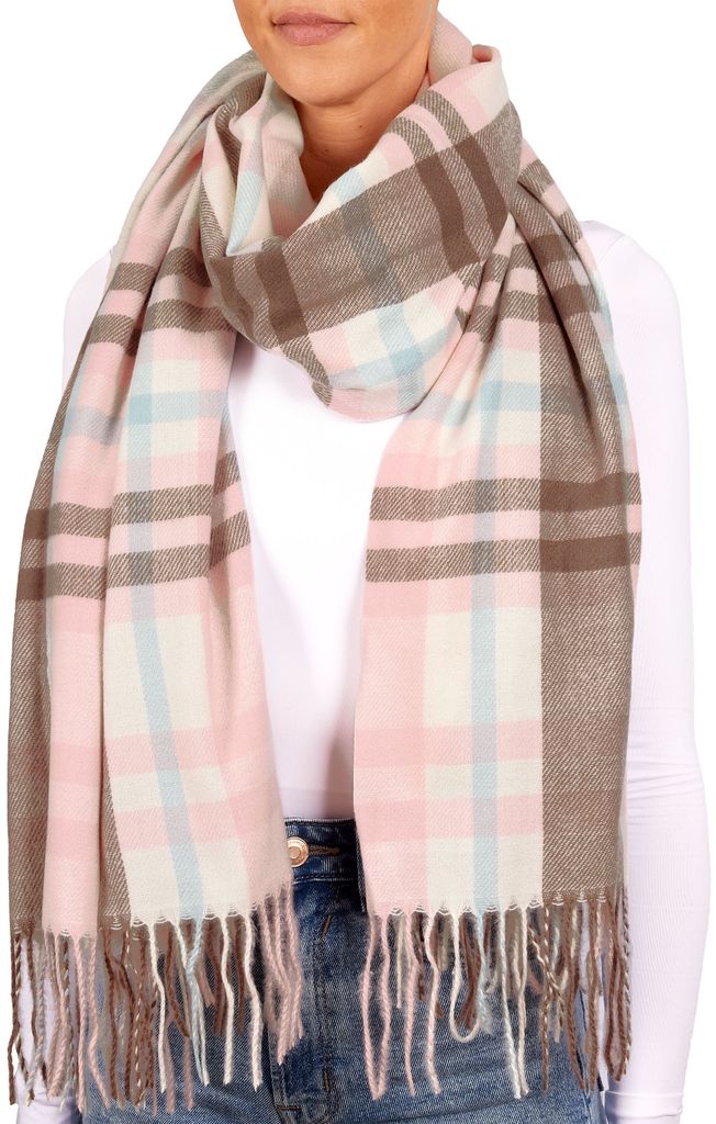 BRUBAKER Cashmirillo Schal für Damen und Herren - 70 x 200 cm - Warm und Kuschelig - Wollschal für Herbst und Winter, Rosa, Blau und Beige Kariert
