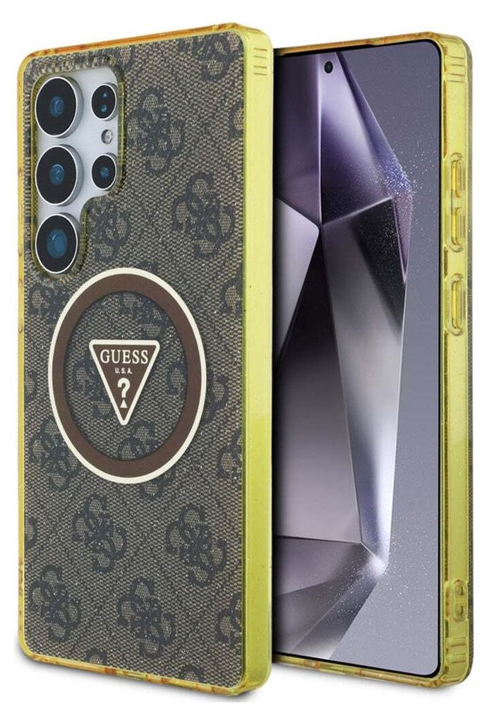 A phone case with a Guess logo pattern is shown next to a smartphone.