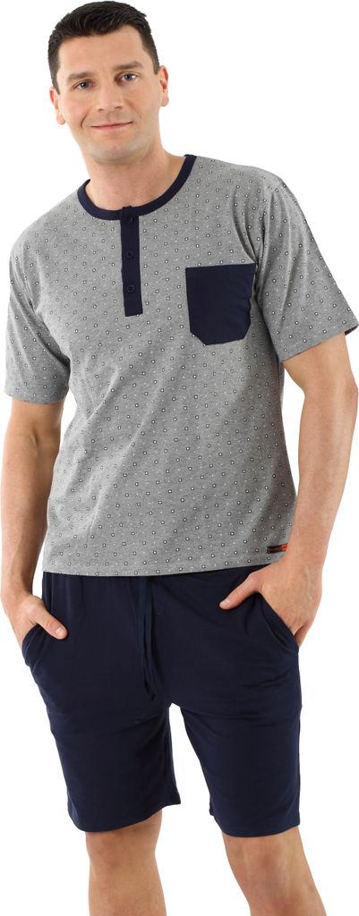 ALBERT KREUZ Herren Schlafanzug Kurzarm mit kurzen Hosen Stretch-Baumwolle, Marine-Grau gemustert, 04/S