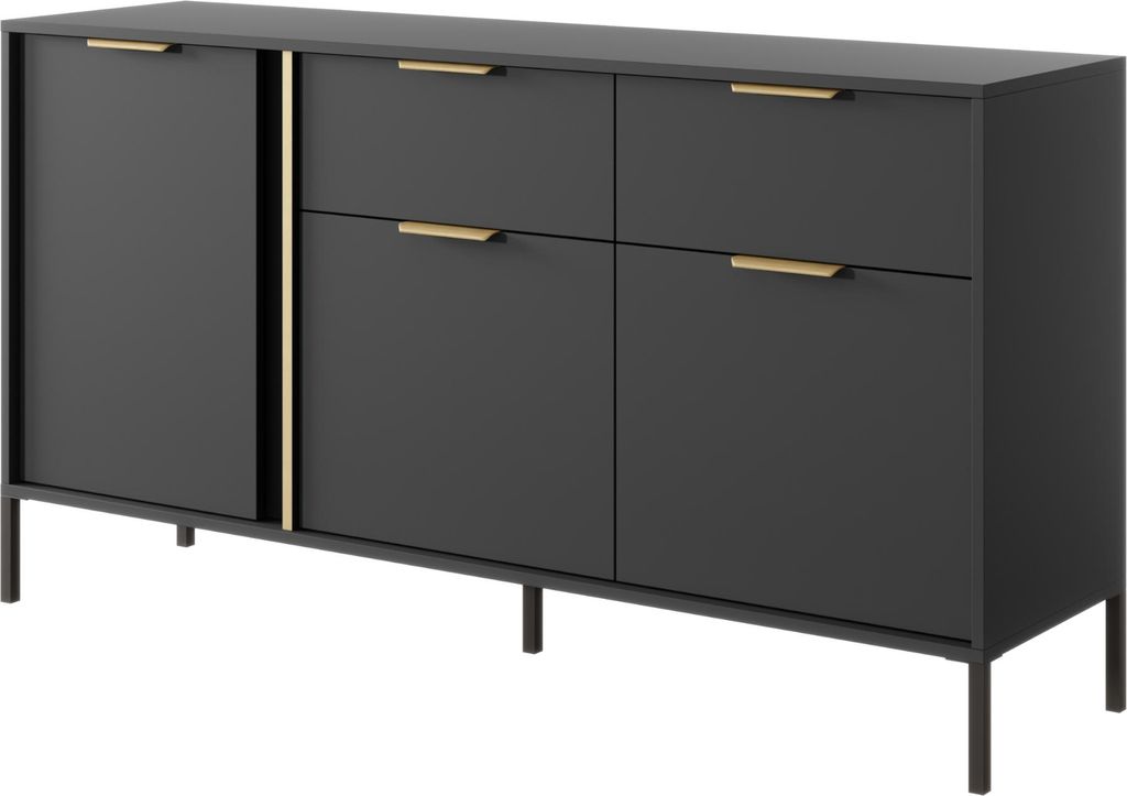 Kommode LAVIK KOM2 - Anthrazit - Schubladen - Vergoldete Accessoires - Breite 153 cm, Höhe 82 cm, Tiefe 40 cm