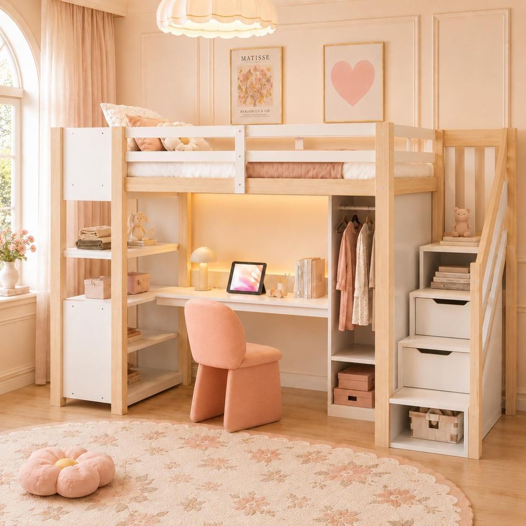 Lit superposé Merax 90 x 200 cm avec bureau et armoire, lit Image du produit 