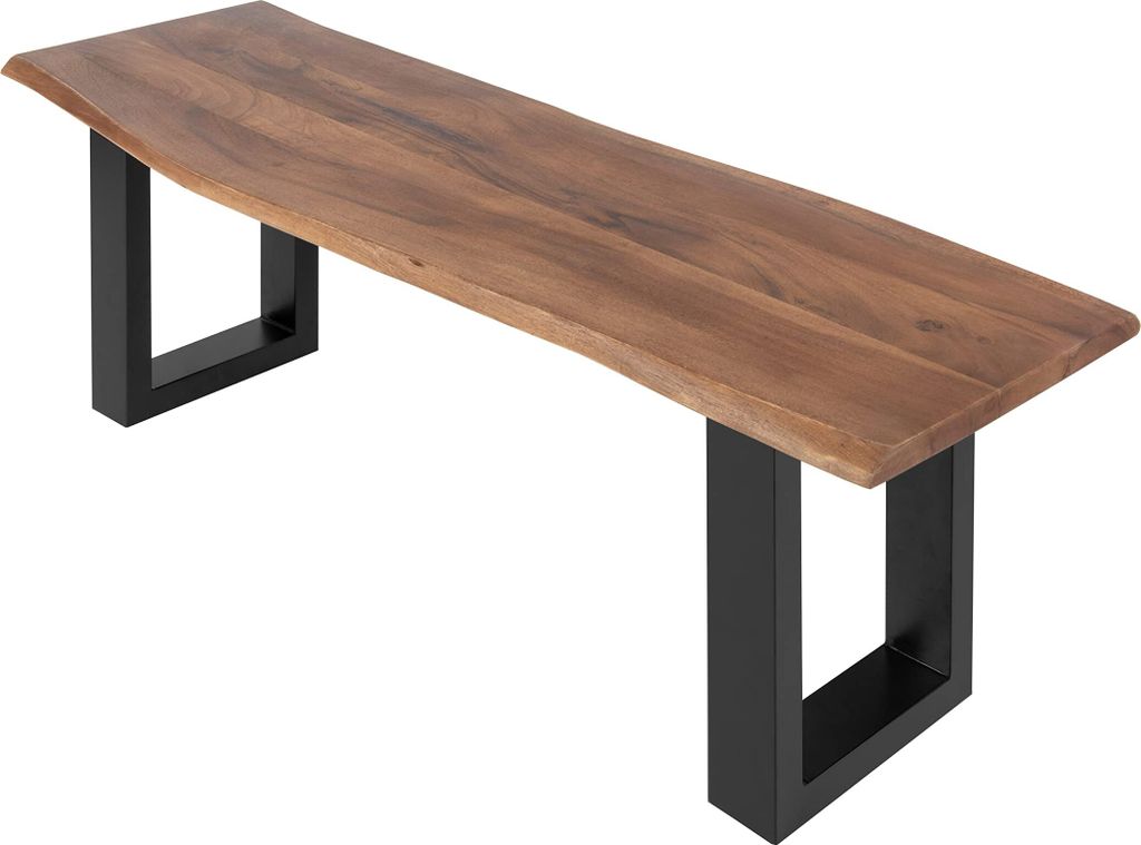Esszimmerbank 140x42 cm Chicago, Akazienholz nussbaumfarben, Massive Holzbank mit echter Baumkante, Baumkantenbank mit U-Gestell Schwarz, Sitzbank ...