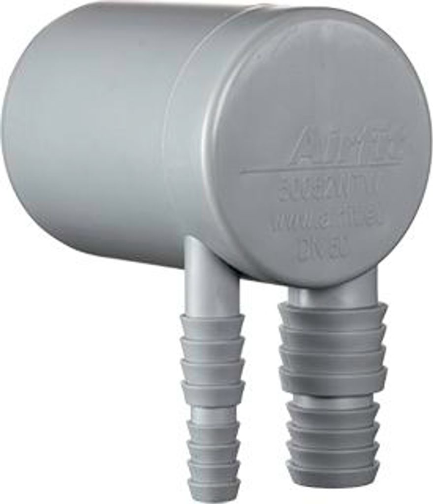 A gray plastic plumbing fitting with two barbed hose connectors.