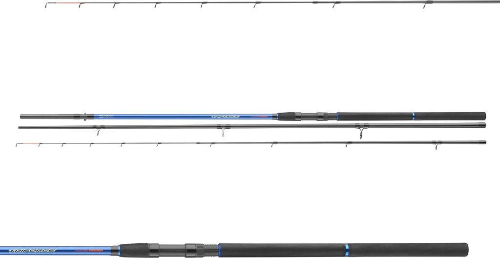 Three fishing rods are shown laid out horizontally against a white background.