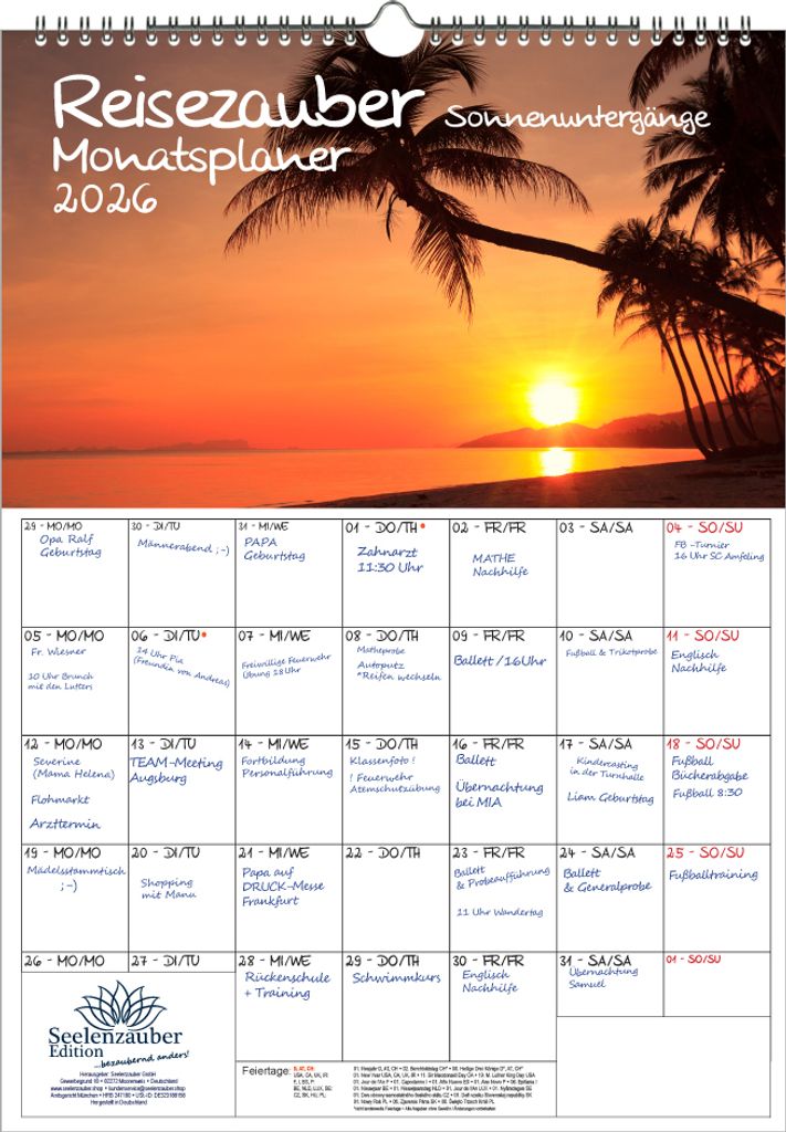 Reisezauber Sonnenuntergänge Planer DIN A3 Kalender für 2026 Sonnenuntergänge - Seelenzauber
