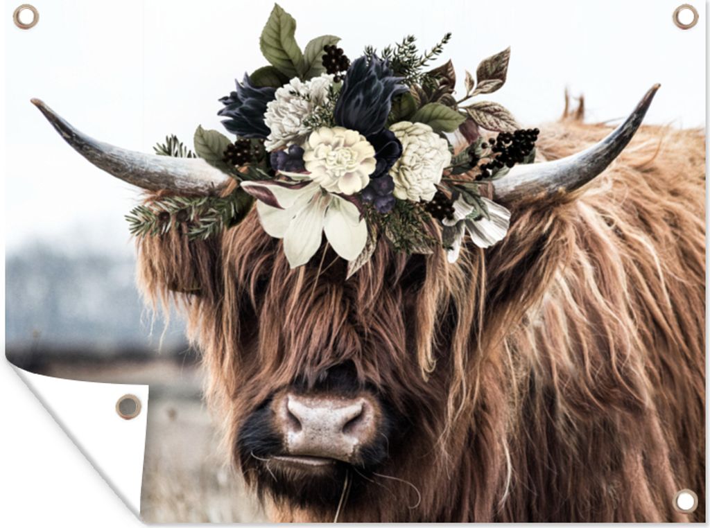 MuchoWow 40x30 cm Outdoor-Poster Gartendeko Sichtschutz Garten Poster für den Garten Schottische Highlander - Blumen - Hoorn