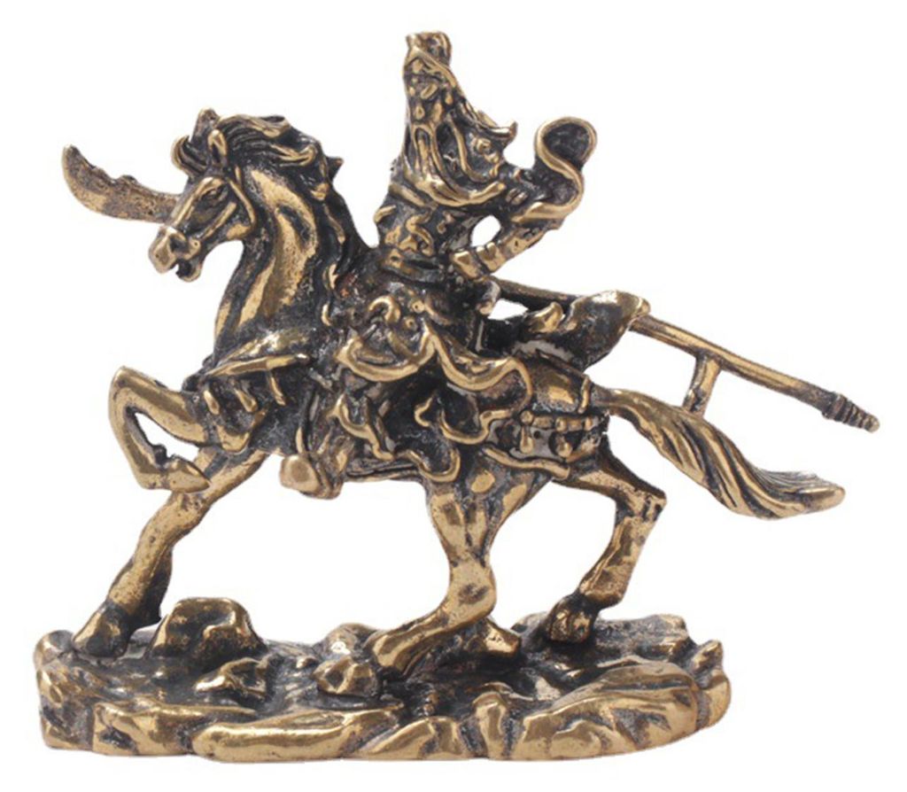 Generalfigur aus Messing, Retro-Stil, Guan Yu auf einem Kriegspferd, Statue im Used-Look, Tischskulptur, Sammlerstück für Regal oder Vitrine