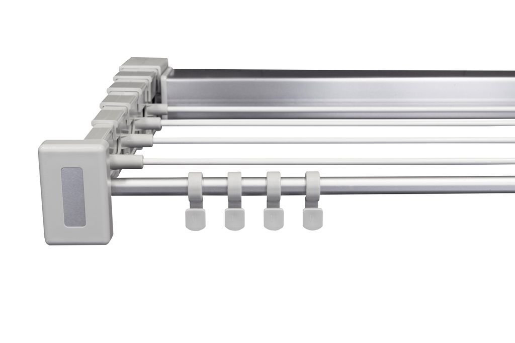 A close-up, side view of a retractable clothes drying rack.