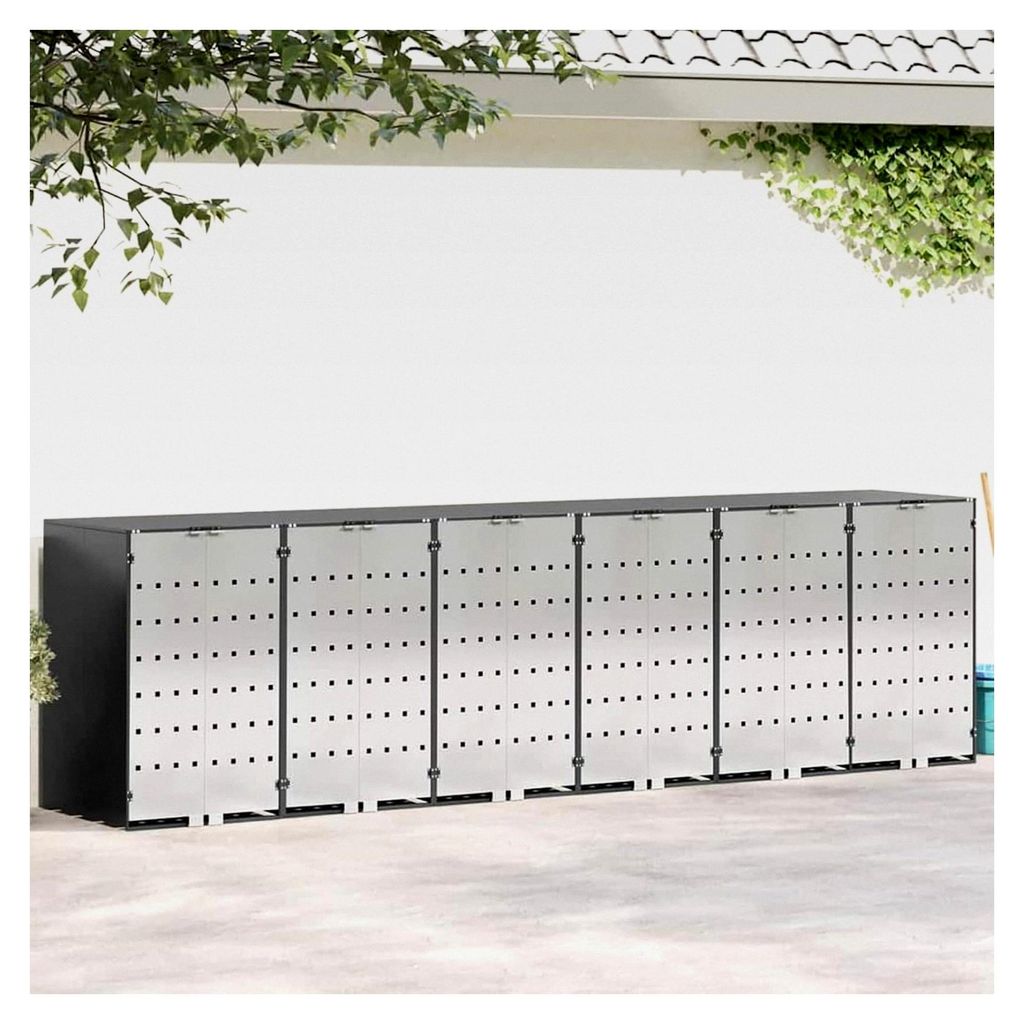 Müllbehälterwagen für 6 Behälter 408 x 77,5 x 115,5 cm aus Stahl, wetterfeste Mülltonnenbox für Campingplätze, Bürokomplexe und Wohnanlagen