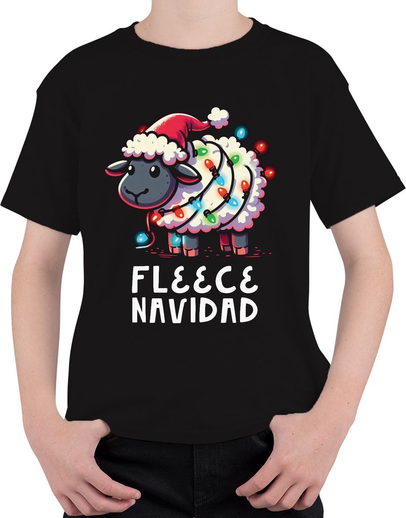 Fleece Navidad Schaf Lichterkette - Weihnachten Weihnachtsgeschenk Christmas Uni Kinder T-Shirt, Schwarz, 140