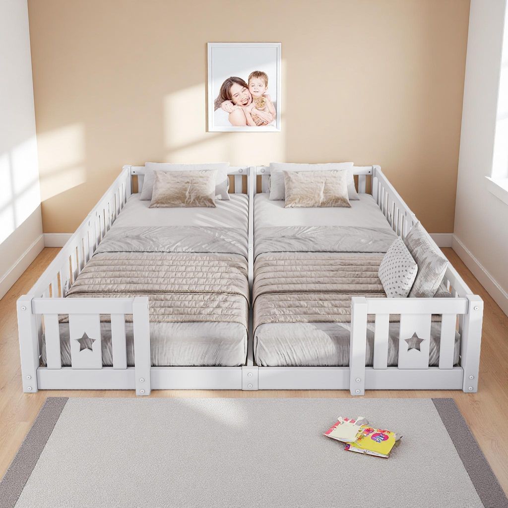 ProximaX Weißes Doppelbodenbett mit Zaun 90x200cm, Kiefernholzbett mit Sternenloch, Lattenrost inklusive, Kindersicherer Schutzzaun, Tragfähigkei...