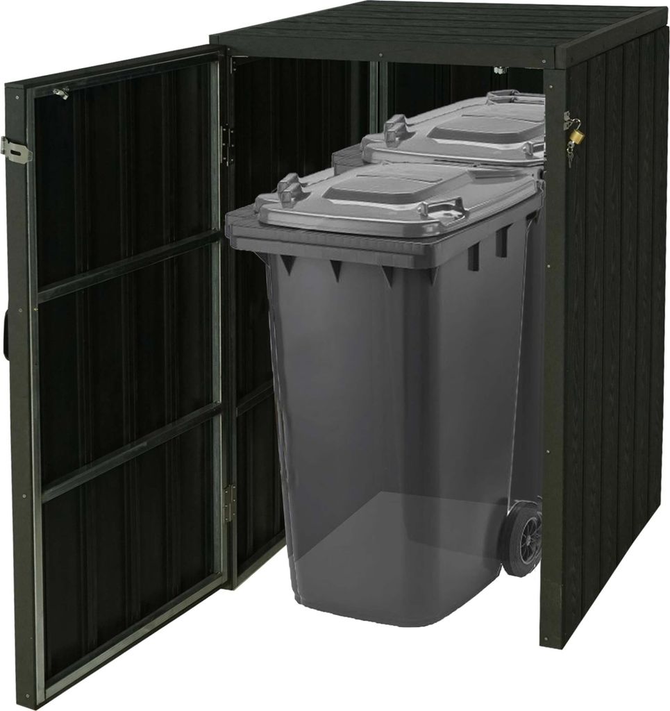 XL 1er-/2er-WPC-Mülltonnenverkleidung HWC-J28, Premium Mülltonnenbox, Metall Holzoptik, erweiterbar anthrazit