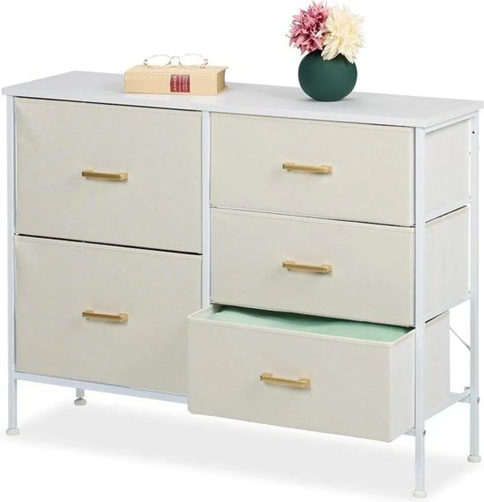 Petite Commode Blanche 5 Tiroirs Poignées Or - Rangement Compact et Robuste